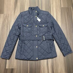 Gap Jacket Women’s Small Navy Blue Quilted Belted Full Zip Snap Button Pockets